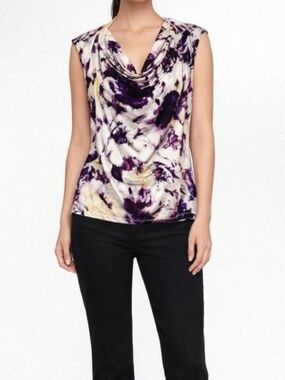 Purple and Yellow Floral Photo Print Women's Drape Neck Short Sleeve Blouse Top